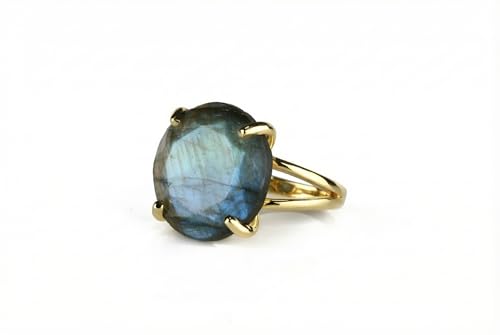 Bague En Or 14 Carats Pour Femme - Bague Ronde En Labradorite Avec Anneau En Or 14 Carats - Belle Bague En Pierre De Déclaration Faite À La Main - Gravure...