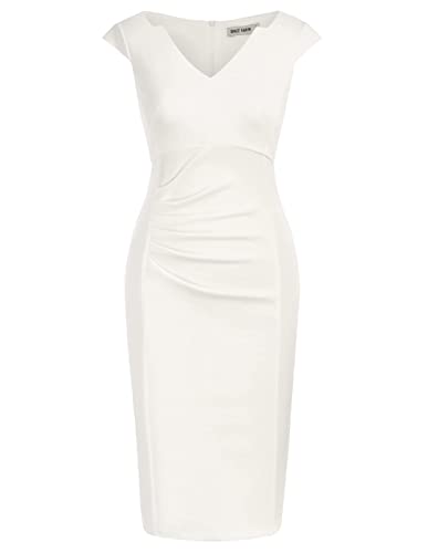 Grace Karin Women Ruched Bodycon Pencil Sheath Dress Cap Sleeve V-Neck Work Dress White Xl #TOP13