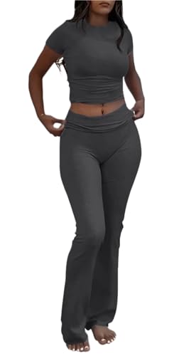 Image of AYWA Women's 2 Piece Lounge Sets Short Sleeve Crop Top Foldover Flare Pants Casual Pajama Outfits