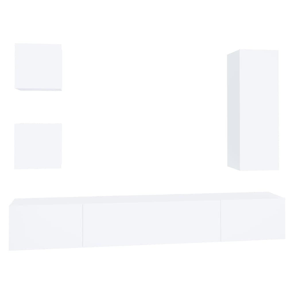 5-TLG. TV-Schrank-Set, Weiß, Holzwerkstoff, Wandmontage, Modernes Media-Center für Wohnzimmer, Schlafzimmer, Viel Stauraum