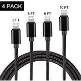 [4 Pack: 3ft/6ft/6ft/10ft] Newest Charging Cable, USB Charging Cable, Fast Charging Power Cord, Cable Compatible for iPhone X/8 Plus/7 Plus/6 Plus, iPad Pro/Mini, iPod Touch, Zinc Alloy, Black
