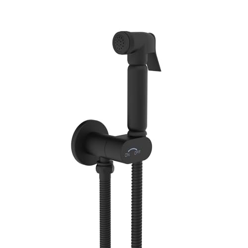 SOHO Douchette WC/Bidet Design Noir Mat – Kit Complet en Laiton Massif avec Robinet d’Arrêt Intégré, Support Mural et Flexible Métallique 120 cm – Utilisation Eau Froide