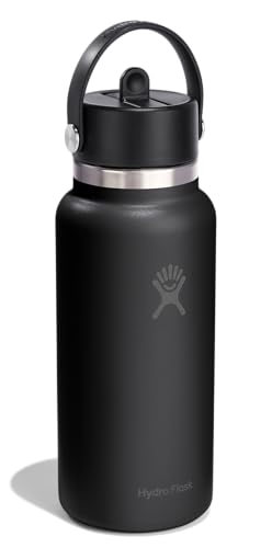 Image of Hydro Flask Water Bottle - Insulated Stainless Steel - Wide Mouth Flex Straw Lid, Non Spill, Leakproof and Refillable in 32 Oz Tonal Black