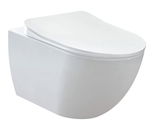 Furni24 Spülrandloses Wand-WC mit Toilettendeckel, Hänge-WC, Duroplast WC-Sitz mit Absenkautomatik, Tiefspüler spülrandlos mit waagerechtem Abgang, Keramik, Bautiefe ist 50cm, Tiefspüler weiß