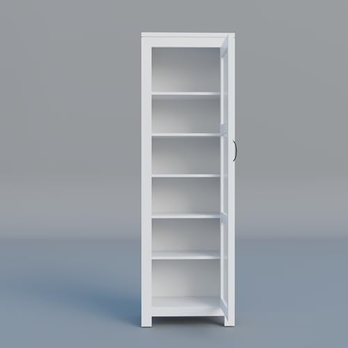 Image of Solid Sheesham Wood Deco White Book Shelf, Showcase Glass Door Crockery Storage Unit Or Bookcase, 6-Shelf Wooden Book Rack, Display Cabinet Furniture for Home, Kitchen & Library Areas