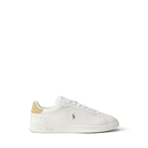 Image of POLO RALPH LAUREN, Mens, Heritage Court II Leather Sneakers, Deckwash White /Bone, 10.5, Medium