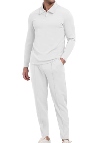 KUYIGO Traje de entrenamiento para hombre Polo 2 piezas de manga larga Conjunto de sudadera y pantalón de chándal Top a cuadros Pantalón deportivo informal Activewear Traje de golf, Blanco, XL