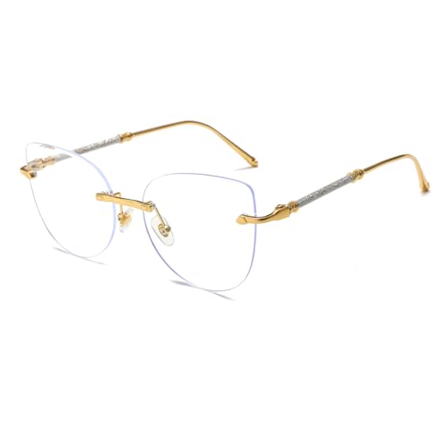 Image of LJCZKA Rimless Blue Light Blocking Glasses Women Stylish Cat eye Eyeglasses Anti Eye satrain Computer Cateye Metal Frame