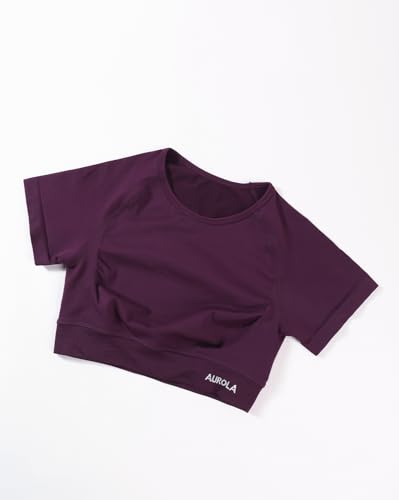 Image of AUROLA Influence Women Crop Top Short Sleeve Compression Workout T-Shirt | Raglan Short Sleeve Crop Top, High-Stretch Seamless Knit, Stay-Put Ribbed Underband, Soft Breathable Comfort