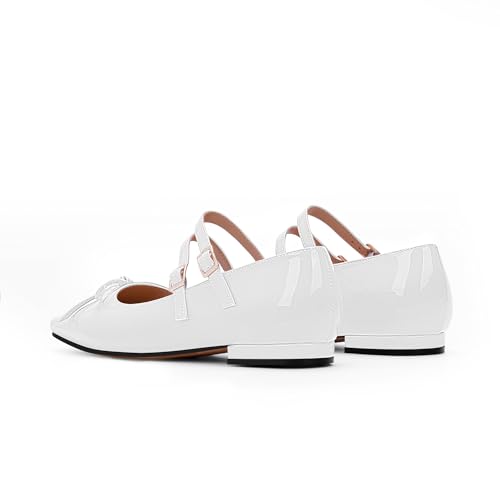 Women's Bow Square Toe Ankle Strap Mary Janes Flat Patent Leather Comfortable Shoes4