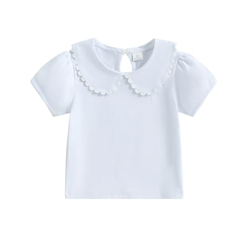 Recopilación de Camisetas de manga corta para Niña los más solicitados. 45 6M-6Y - Blusa con cuello de Peter Pan para bebés y niñas, color sólido, color rosa, blanco, camisetas casuales, Blanco, 5-6 Años