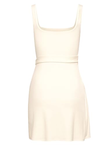 Image of LuFeng Summer Sexy Square Neck Sleeveless Ruched Tie Waist Mini Dress for Women Party Club Tank Dress