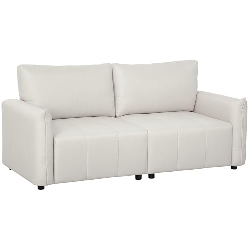 HOMCOM Canapé 3 Places Moderne 196 cm en Tissu Aspect Lin, Dossier et accoudoirs rembourrés, avec 2 Coussins, canapé de Salon, pour Chambre ou Bureau à Domicile, Pieds en Acier, crème