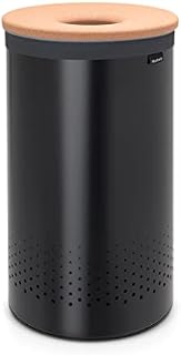 Brabantia - Laundry Bin - Cork Lid - Portable Laundry Bag Inside - Quick-drop Opening - Basket with Ventilation Holes - Non-Scratching Bottom - Corrosion Resistant - Natural Look - Matt Black - 60L