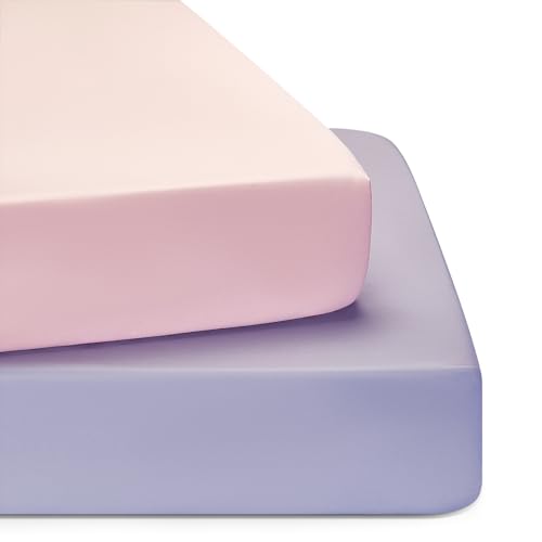 Image of TILLYOU Baby Crib Sheets for Boys Girls, Super Soft Toddler Bed Sheets, 2 Pack Sheets for Standard Crib Mattress 28x52in, Light Purple and Light Pink