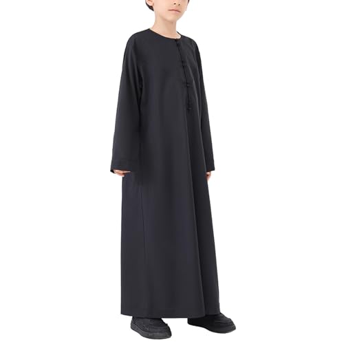 Muslim Thobe for Boys Long Sleeve Crew Neck Kaftan Robe Kids Boys Solid Button Islamic Thobe Arabic Dress Outfits4