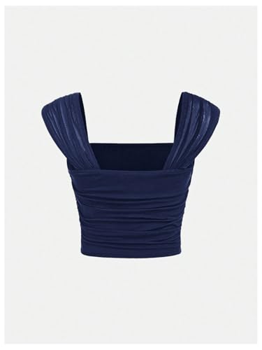 SweatyRocks Girl's Summer Square Neck Ruched Fitted Tank Crop Shirt Tops2