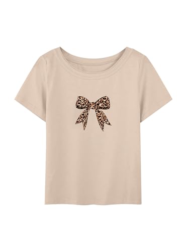 Image of Girls Graphic Tees Crewneck Short Sleeve Shirt Leopard Bow Cute Summer Tops Khaki 7-8 Years