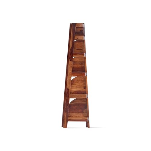 Image of SHYAM ART & CRAFT Solid Sheesham Wooden Corner Bookshelf for Living Room Floor Standing Corner Book Shelf 5 Tier Ladder Cabinet Corner Shelf for Home Decor|Bookshelf for Home | Brown Finish