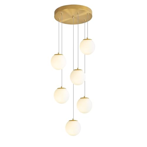 Lustre Moderne à 6 lumières en Forme de Globe, luminaire Suspendu Haut de Plafond, Boule en Verre Blanc, éclairage Suspendu pour Salon, escalier, entrée,...