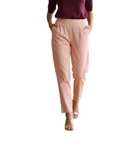 Image of Women's Solid Straight Fit 100% Cotton Trousers | High Waist, Side Pockets, Ankle Length Pants for Office, Casual