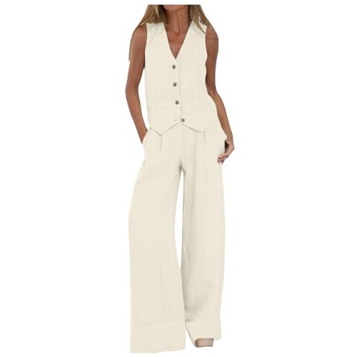 Tailleur Donna Eleganti Completo 2 Pezzi Canotta Senza Maniche con Scollo a V Gilet + Pantaloni a Gamba Larga Tuta Elegante Elastici in Vita Set Pantalone Due Pezzi Completo Donna (01 Beige, M)