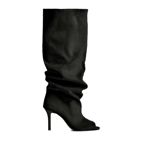 MICIFA Women's Suede Knee High Boots Stiletto Heel Open Boots Pull On Slouchy Wide Calf Boots Fahion Dress Fall Tall Booties - Main Image