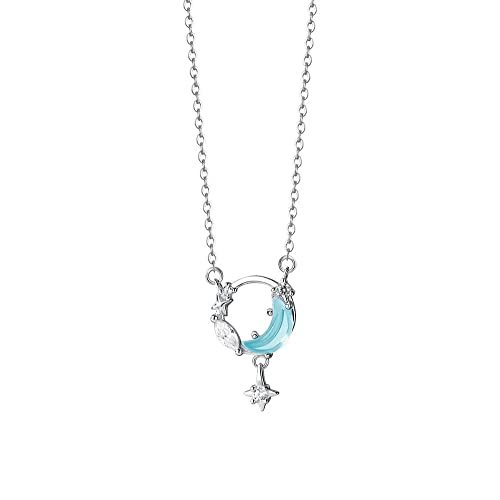 Collier lune étoile zircon bleu argent 925 anti-ternissement femme