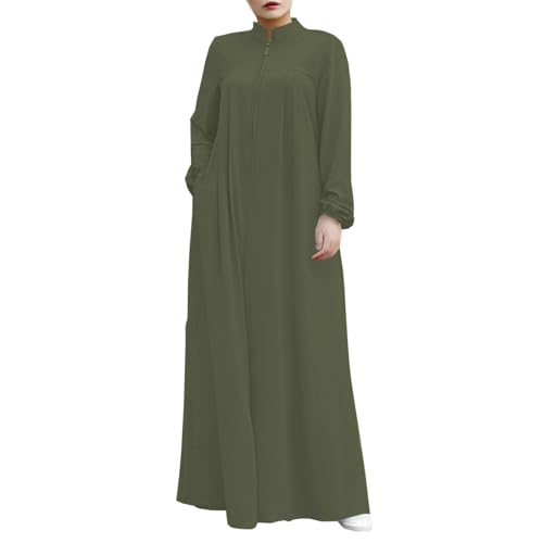 Image of Womens Abaya Muslim Long Sleeve Front Zipper Dress Prayer Islamic Clothes with Pockets
