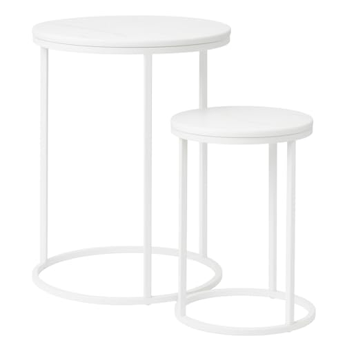 Acomoda Textil – Juego de 2 Mesas Auxiliares Redondas de Madera y Metal para Salón, Dormitorio y Terraza. Set Mesas Nido para Café Diseño Moderno y Versátil para Hogar. (Blanco)