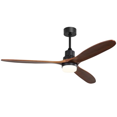CACI Mall 60 Inch Solid Wood Ceiling Fan with Light, Outdoor for Covered Patios, Remote Control, 3 Walnut Blades, Dimmable, Noiseless, for Living Room, Gazebo, Farmhouse
