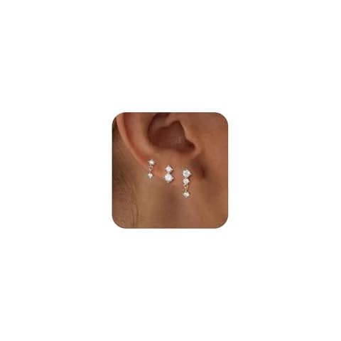 Feskive Gold Earrings Set for Women, Dainty 14k Gold/Silver Plated Huggie Hoop Earrings Lightweight Gold Cubic Zirconia Stud Earrings Trendy Hypoallergenic Small Hoop Earrings Set Gold Jewelry Gifts Cover