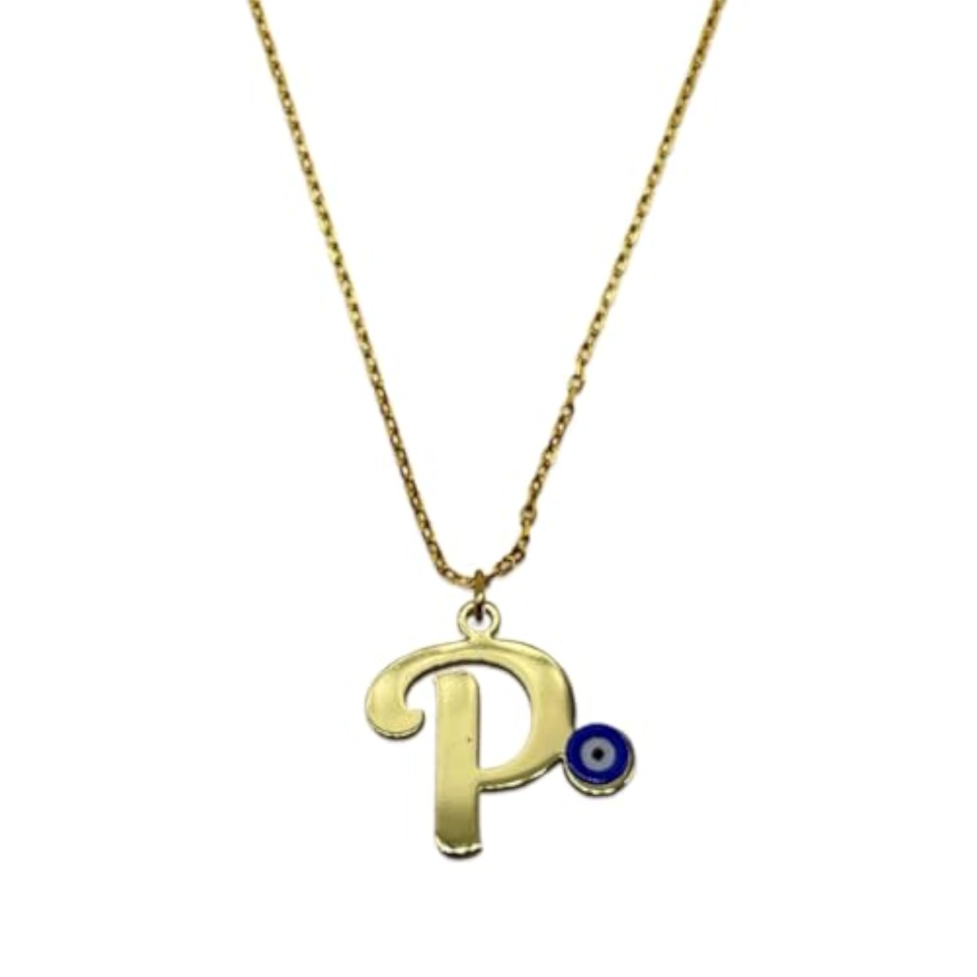 Women's Blue Evil Eye Name Initial Short Necklace, Gold Plated