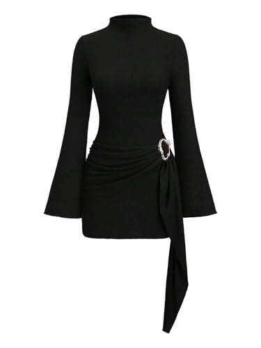 Milumia Women's Textured Mock Neck Metal Cinched Waist Long Bell Sleeve Dress Ruched Bodycon Party Club Mini Dress Black Large