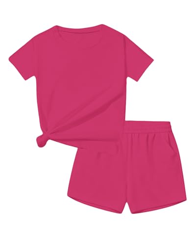 Image of Bestuline Girls Summer 2 Piece Outfits,Basic Short Sleeve Top & Shorts Set with Side Pockets,4-14Y