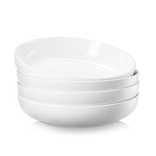 25cm Pastateller 4er Set, 1400ml große Porzellan Keramik Nudelteller, Pastaschale für Müsli Suppe Steak Nudel Breite Küche Geschirr Teller - Mikrowelle Ofen Geschirrspüler Sicher 9,84' Groß Tief Weiß