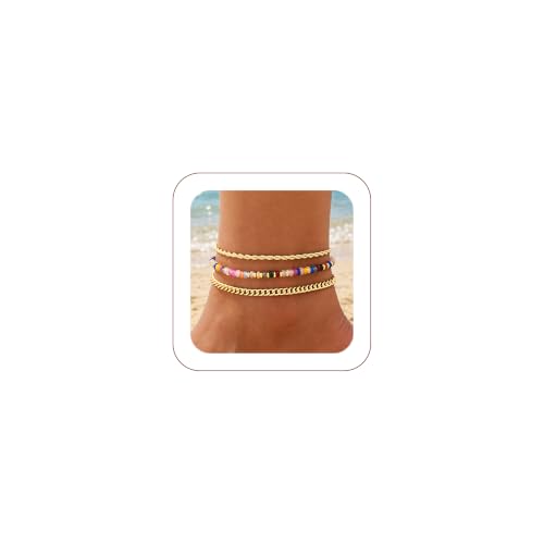 Image of iF YOU Gold Ankle Bracelets for Women, 14k Gold Plated Waterproof Cuban Link Chain Anklets Set, Layered Anklet Bracelets for Women Beach Gift Adjustable Size 5pcs