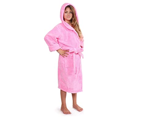 FTB Embroideried Custom Kids & Youth Microfiber Fleece Hooded Soft Robe (Pink, Large)