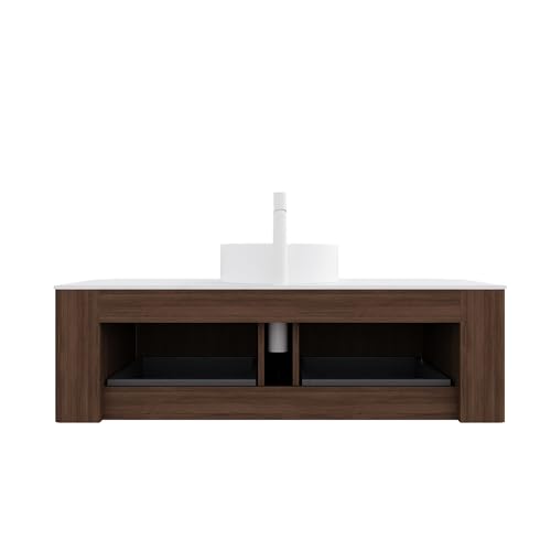 Image of KEIKI 48 inch Floating Bathroom Vanity with Sink, Modern Wall Vanity Cabinet with Curved Edge Design, 2 Soft-Close Drawers & White Ceramic Vessel Basin, Pre-Assembled Bathroom Vanity, Walnut