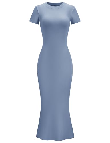 Image of LOMON Women Fishtail Hem Ribbed Maxi Dresses Summer Casual Stylish Y2k Sexy Fitted Lady Elegant Cotton Soft Lounge Dress
