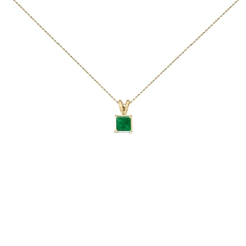 14K Yellow Gold 5x5 MM Square Shaped Green Emerald Solitaire Pendant Necklace