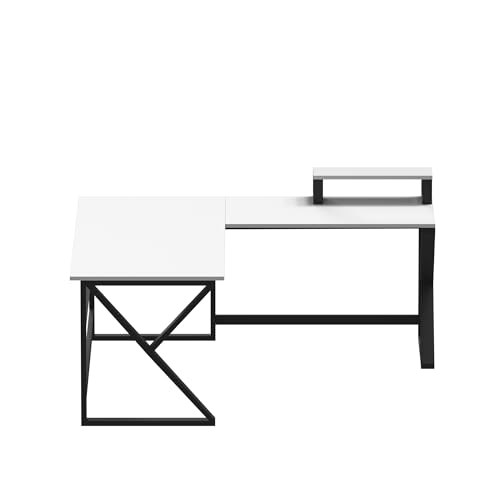 Image of Riyan Luxiwood Fabio L-Shaped Computer Office Desk with Monitor Riser | Executive Table for Work from Home | Computer Table for Home PC & Desktop (White)
