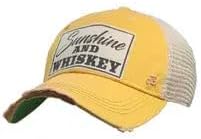 VINTAGE LIFE Sunshine & Whiskey Distressed Trucker Cap, Yellow, Cotton, Polyester, Indoor, Outdoor