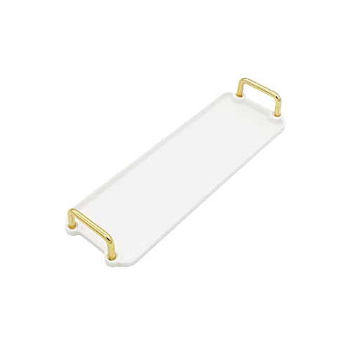Ceramic Decorative Tray with Golden Metal Handle, ANZUSY Vanity Tray Rectangle Serving Tray Home Decorative for Jewelry Towel Candles Soap Decoration Tub Kitchen Restroom Toilet-Long Strip Small White