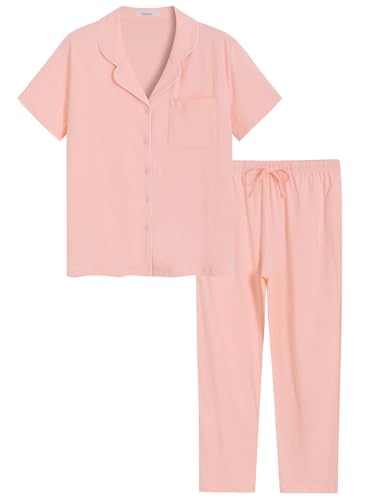 Latuza Women's Petite Length Pajama Set Short Sleeve Cotton Sleepwear XL Light Pink