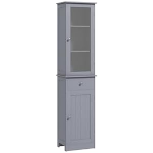 kleankin Slim Bathroom Storage Cabinet, Tall Bathroom Cabinet, Narrow Linen Tower with Acrylic Door, Drawer and Shelves, Gray