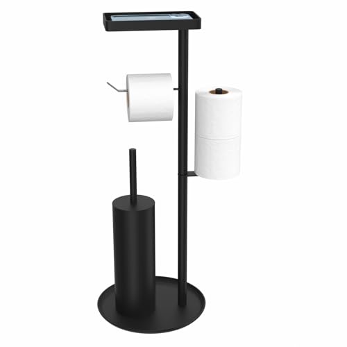 Porte-Papier Toilette Debout avec Brosse WC en Acier Inoxydable - Dérouleur et Boîte à Lingettes Humides, Aucun Perçage Requis (Noir Mat)