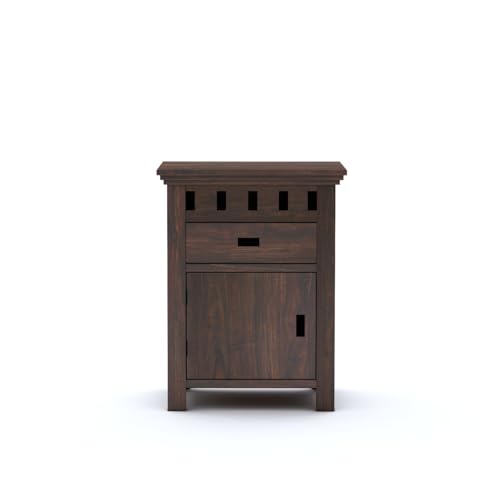 Image of Sheesham Wood Bedside Table with Drawer and Door Storage Nightstand | Multipurpose Wooden Sofa Side End Table Furniture for Bedroom, Living Room, Guest Room, Home, and Hotels (Walnut Finish)