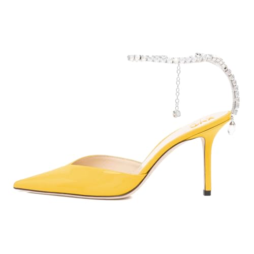 XYD Women Chic Stiletto Heels Pumps Sparkle Crystal Chain Ankle Strap Closed Pointed Toe Sandals Shoes for Bridal Party Evening2