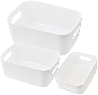 FOROREH 3Pcs Storage Boxes White Plastic Studio Storage Baskets, Office Home & Kitchen Tidy Organiser for Kitchen, Home, Office & Bathroom